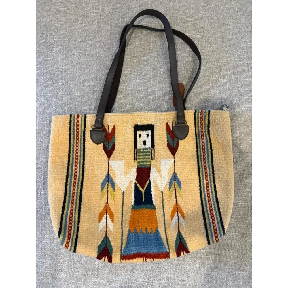 Manos Zapotecas Wool Tote Bag Southwestern Handwoven Leather Strap Boho